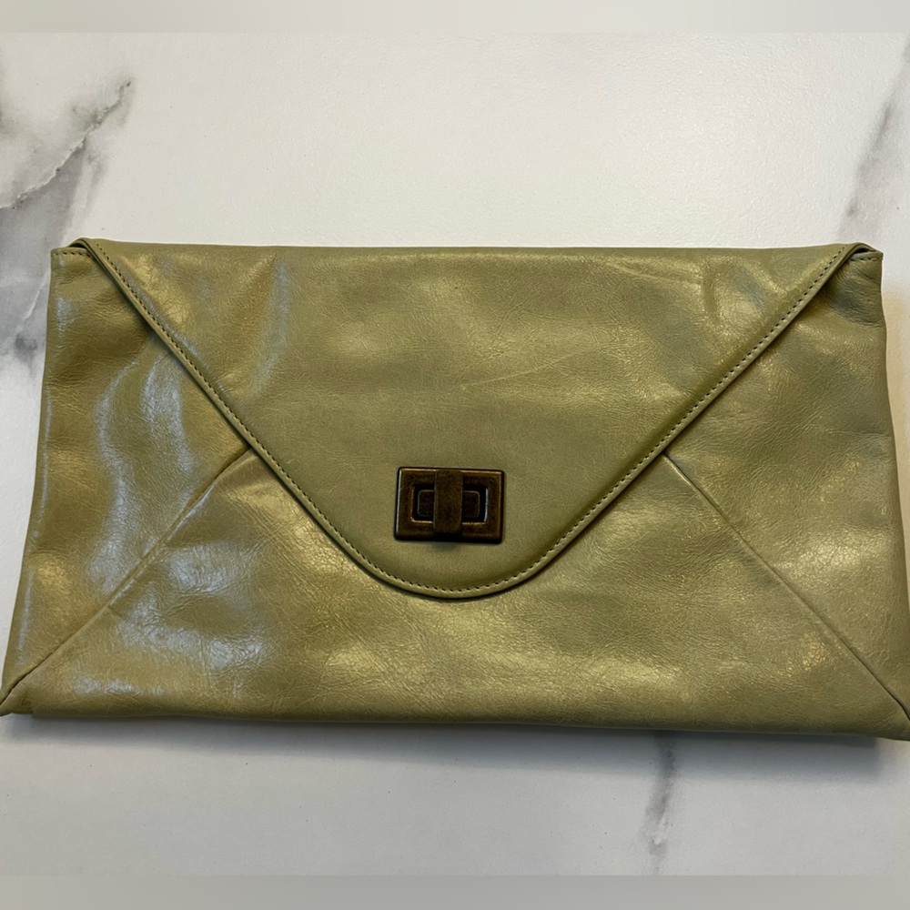HOBO Olive Leather Envelope Clutch with Antique Brass Turn Lock